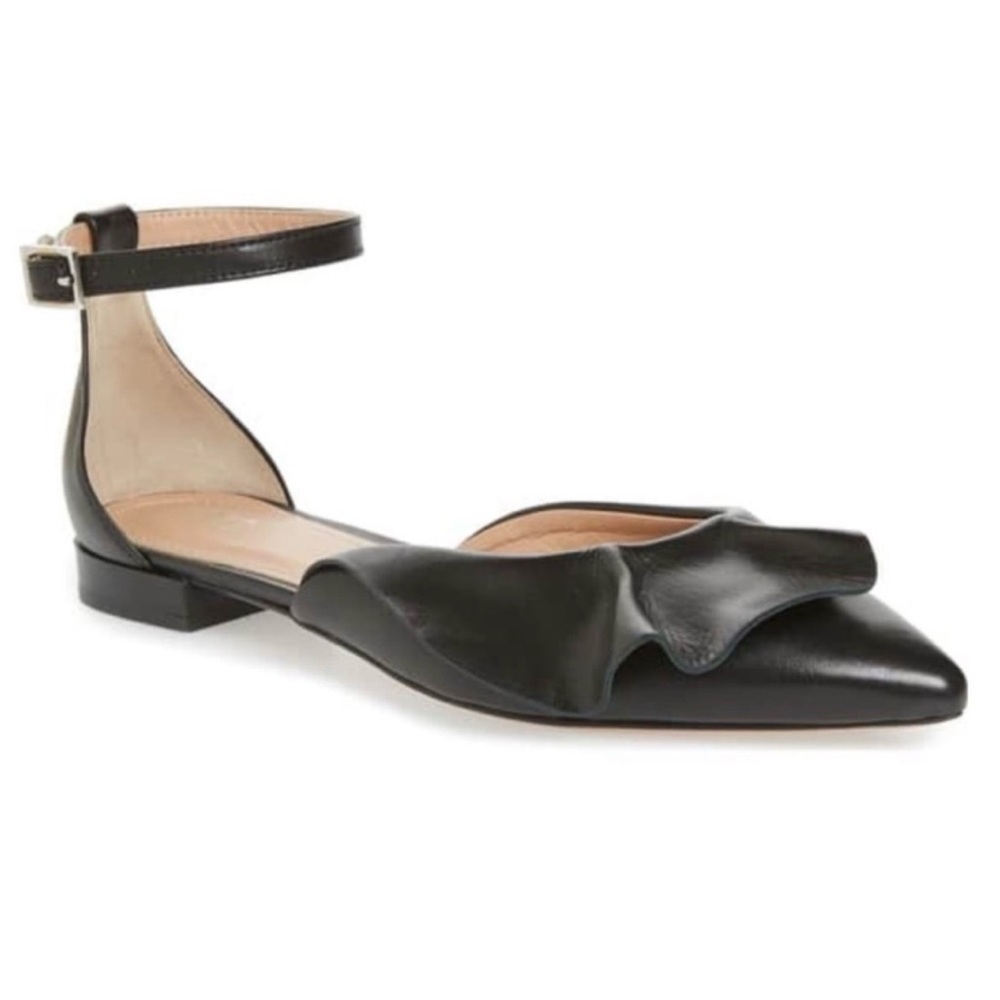 LEWIT Alessia Ruffle Flats with Ankle Straps, Black, Size EU 39,5